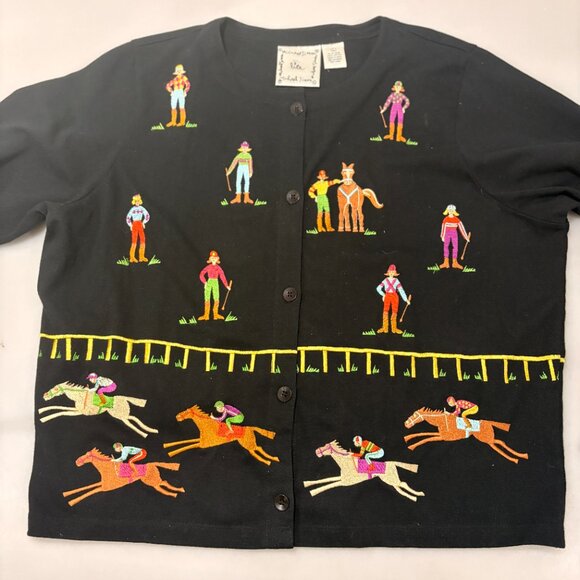 Michael Simon Lite L Horse Racing Jockeys Embroidered Cardigan Sweater - Picture 6 of 7